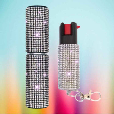 rhinestone-bling-stun-gun-keychain-pepper-spray-kit-colorful-background